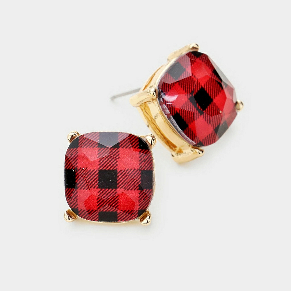 Red Black Checkerboard Buffalo Checker Square Stud Cute Fashion Jewelry Earrings